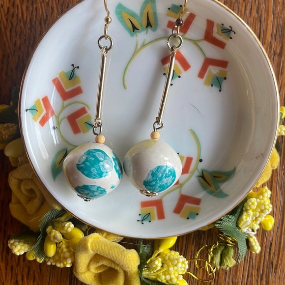 Vintage Jewelry - Fun Bauble Vintage Earrings Porcelain yellow Teal Painted Polka Dots BUNDLE ONLY